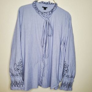 Ann Taylor Chambray Blouse Long Sleeve High Neck Tie Collar Embroidered Large